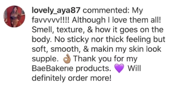 Product review text on a white background with a small circular image of a person wearing a product.