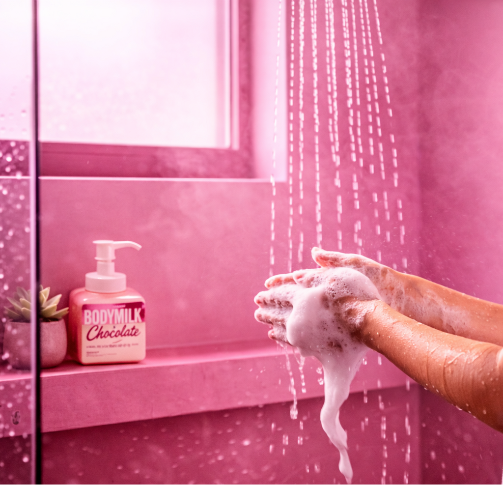 Person washing hands with soap in a pink bathroom, with a bottle of soap visible.