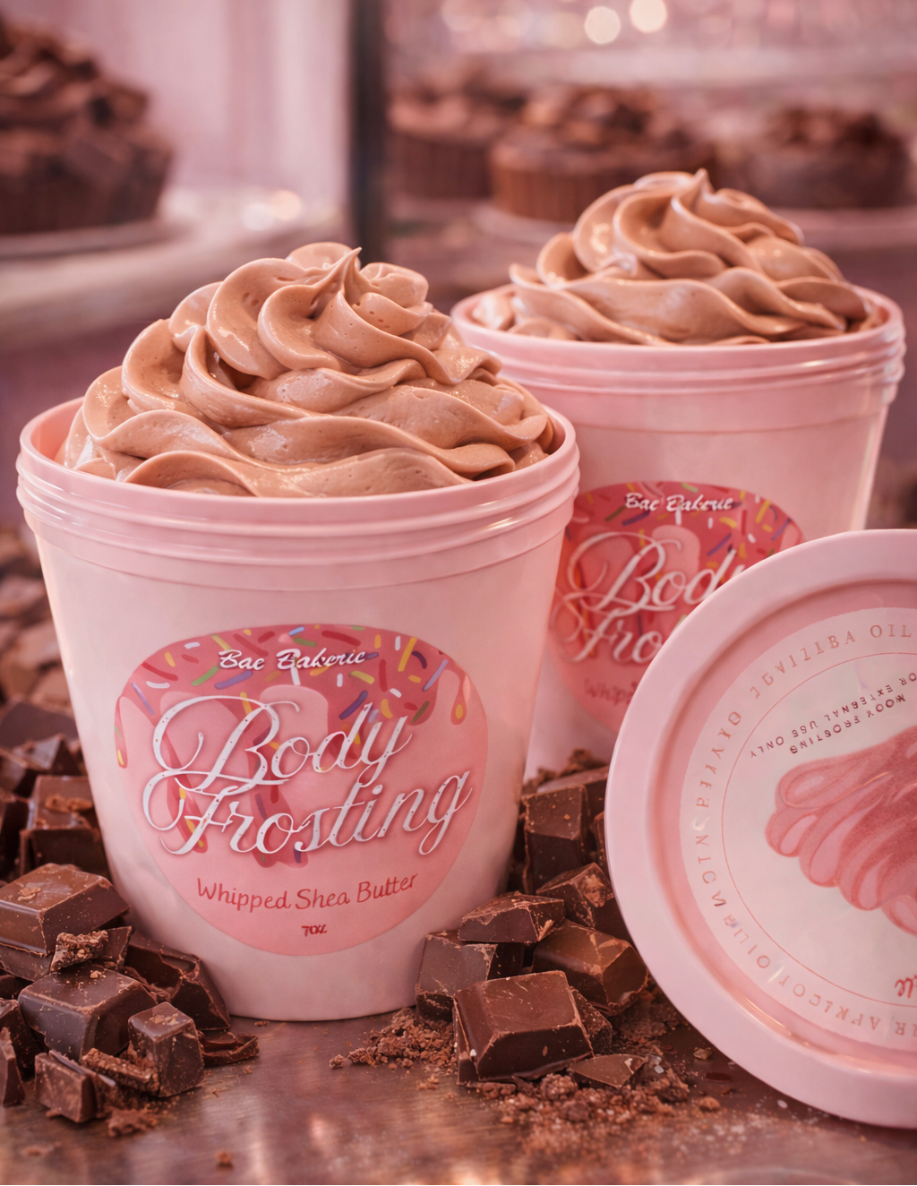Body frosting in pink containers with chocolate pieces on a metallic surface.