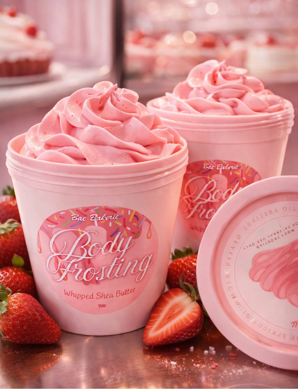 Two pink containers of 'Body Frosting' whipped Shea butter with strawberries on a wooden surface.